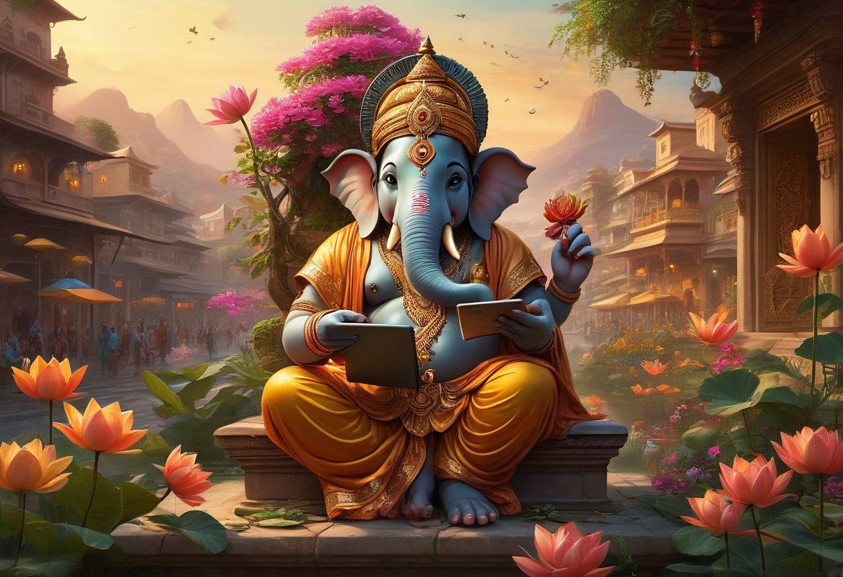 A whimsical depiction of famous Hindu deities in a vibrant landscape, blending elements of ancient myth with modern interpretations. Include characters from fables engaged in contemporary activities, like Ganesha using technology and Krishna at a bustling city street. Surround them with symbolic motifs like lotus flowers and peacocks, evoking a sense of wonder and connection to tradition. golden hour lighting, magical realism, vibrant colors.
